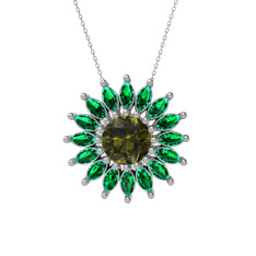 Taşlı Papatya Kolye - Peridot ve yeşil kuvars 8 ayar beyaz altın kolye (40 cm beyaz altın rolo zincir) #2nmzk0