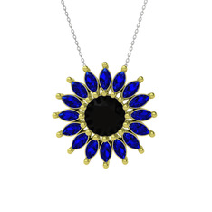 Taşlı Papatya Kolye - Siyah zirkon ve lab safir 14 ayar altın kolye (40 cm gümüş rolo zincir) #2rr1pw