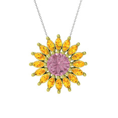 Taşlı Papatya Kolye - Pembe kuvars ve sitrin 18 ayar altın kolye (40 cm gümüş rolo zincir) #2xyyxs