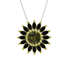 Taşlı Papatya Kolye - Peridot ve siyah zirkon 18 ayar altın kolye (40 cm gümüş rolo zincir) #2ywh12
