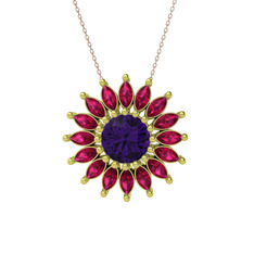 Taşlı Papatya Kolye - Ametist ve rodolit garnet 14 ayar altın kolye (40 cm rose altın rolo zincir) #33l3yc