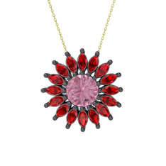 Taşlı Papatya Kolye - Pembe kuvars ve garnet 925 ayar siyah rodyum kaplama gümüş kolye (40 cm gümüş rolo zincir) #3li1hx