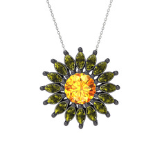Taşlı Papatya Kolye - Sitrin ve peridot 925 ayar siyah rodyum kaplama gümüş kolye (40 cm beyaz altın rolo zincir) #3lwzc8