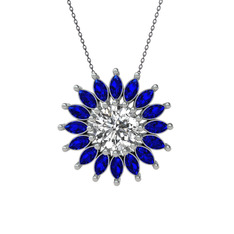 Taşlı Papatya Kolye - Swarovski ve lab safir 14 ayar beyaz altın kolye (40 cm gümüş rolo zincir) #3splz