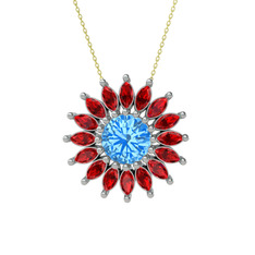 Taşlı Papatya Kolye - Akuamarin ve garnet 925 ayar gümüş kolye (40 cm altın rolo zincir) #4347us