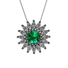 Taşlı Papatya Kolye - Yeşil kuvars ve swarovski 925 ayar siyah rodyum kaplama gümüş kolye (40 cm gümüş rolo zincir) #4ctgfm