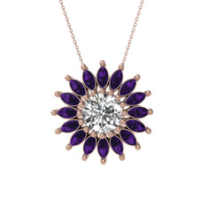 Beyaz zirkon ve ametist 925 ayar rose altın kaplama gümüş kolye (40 cm rose altın rolo zincir)