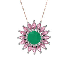 Taşlı Papatya Kolye - Kök zümrüt ve pembe kuvars 8 ayar beyaz altın kolye (40 cm rose altın rolo zincir) #4hozfq