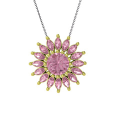 Taşlı Papatya Kolye - Pembe kuvars 8 ayar altın kolye (40 cm gümüş rolo zincir) #4l6sco