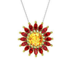Taşlı Papatya Kolye - Sitrin ve garnet 8 ayar altın kolye (40 cm beyaz altın rolo zincir) #4t9qrh