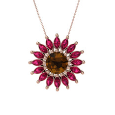 Taşlı Papatya Kolye - Dumanlı kuvars ve rodolit garnet 8 ayar rose altın kolye (40 cm rose altın rolo zincir) #4tciqi