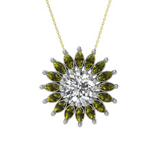 Taşlı Papatya Kolye - Beyaz zirkon ve peridot 18 ayar beyaz altın kolye (40 cm altın rolo zincir) #4y90lv