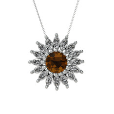 Taşlı Papatya Kolye - Dumanlı kuvars ve swarovski 14 ayar beyaz altın kolye (40 cm beyaz altın rolo zincir) #4yvayd