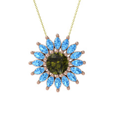 Taşlı Papatya Kolye - Peridot ve akuamarin 8 ayar rose altın kolye (40 cm altın rolo zincir) #59rbm2