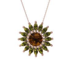 Taşlı Papatya Kolye - Dumanlı kuvars ve peridot 18 ayar rose altın kolye (40 cm rose altın rolo zincir) #5mkwq2