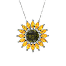 Peridot ve sitrin 18 ayar beyaz altın kolye (40 cm beyaz altın rolo zincir)