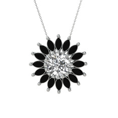 Taşlı Papatya Kolye - Swarovski ve siyah zirkon 14 ayar beyaz altın kolye (40 cm beyaz altın rolo zincir) #5ouy6f