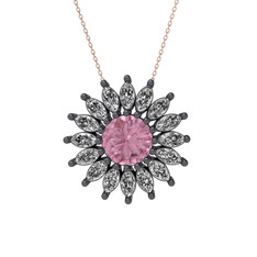 Taşlı Papatya Kolye - Pembe kuvars ve swarovski 925 ayar siyah rodyum kaplama gümüş kolye (40 cm gümüş rolo zincir) #5xc4ga