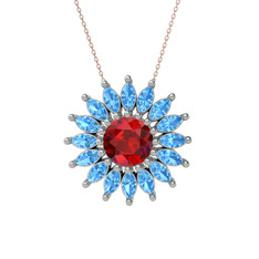 Taşlı Papatya Kolye - Garnet ve akuamarin 14 ayar beyaz altın kolye (40 cm rose altın rolo zincir) #60iz5o
