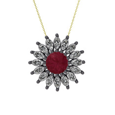 Taşlı Papatya Kolye - Kök yakut ve beyaz zirkon 925 ayar siyah rodyum kaplama gümüş kolye (40 cm altın rolo zincir) #60v4r
