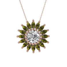 Taşlı Papatya Kolye - Beyaz zirkon ve peridot 14 ayar rose altın kolye (40 cm rose altın rolo zincir) #6ebbi1