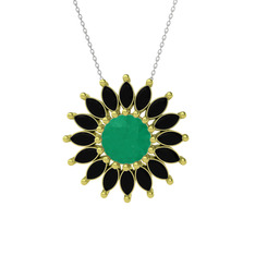 Taşlı Papatya Kolye - Kök zümrüt ve siyah zirkon 18 ayar altın kolye (40 cm beyaz altın rolo zincir) #6r0mu3
