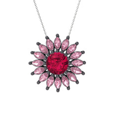 Taşlı Papatya Kolye - Rodolit garnet ve pembe kuvars 925 ayar siyah rodyum kaplama gümüş kolye (40 cm gümüş rolo zincir) #6yidaz
