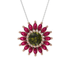 Taşlı Papatya Kolye - Peridot ve rodolit garnet 925 ayar rose altın kaplama gümüş kolye (40 cm beyaz altın rolo zincir) #6zvs6j