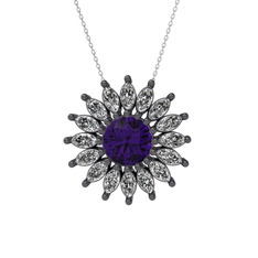 Taşlı Papatya Kolye - Ametist ve swarovski 925 ayar siyah rodyum kaplama gümüş kolye (40 cm beyaz altın rolo zincir) #7p8338