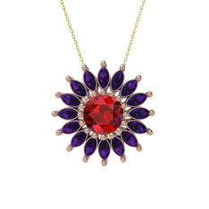 Taşlı Papatya Kolye - Garnet ve ametist 8 ayar rose altın kolye (40 cm altın rolo zincir) #7sj7y1