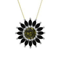 Peridot ve siyah zirkon 14 ayar beyaz altın kolye (40 cm altın rolo zincir)