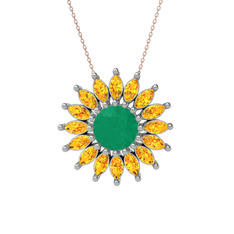 Taşlı Papatya Kolye - Kök zümrüt ve sitrin 18 ayar beyaz altın kolye (40 cm rose altın rolo zincir) #7uyidl