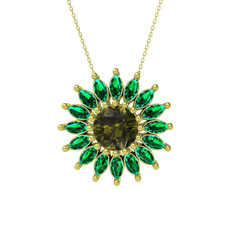 Peridot ve yeşil kuvars 14 ayar altın kolye (40 cm gümüş rolo zincir)