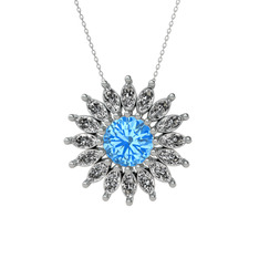 Taşlı Papatya Kolye - Akuamarin ve swarovski 8 ayar beyaz altın kolye (40 cm gümüş rolo zincir) #7zj1a7