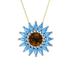 Taşlı Papatya Kolye - Dumanlı kuvars ve akuamarin 14 ayar beyaz altın kolye (40 cm altın rolo zincir) #8712dh