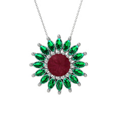 Taşlı Papatya Kolye - Kök yakut ve yeşil kuvars 8 ayar beyaz altın kolye (40 cm beyaz altın rolo zincir) #8c95ap