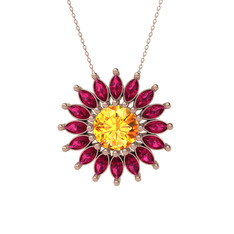 Sitrin ve rodolit garnet 925 ayar rose altın kaplama gümüş kolye (40 cm rose altın rolo zincir)