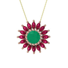 Kök zümrüt ve rodolit garnet 8 ayar rose altın kolye (40 cm gümüş rolo zincir)