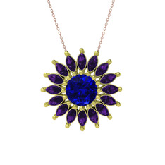 Taşlı Papatya Kolye - Lab safir ve ametist 14 ayar altın kolye (40 cm rose altın rolo zincir) #8ojjs4