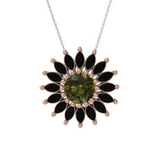 Taşlı Papatya Kolye - Peridot ve siyah zirkon 14 ayar rose altın kolye (40 cm beyaz altın rolo zincir) #8ud8y8
