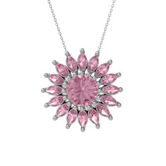 Taşlı Papatya Kolye - Pembe kuvars 8 ayar beyaz altın kolye (40 cm beyaz altın rolo zincir) #8w0n13