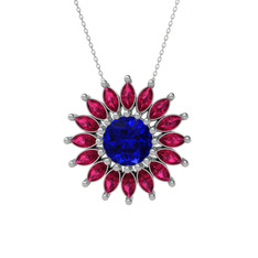 Taşlı Papatya Kolye - Lab safir ve rodolit garnet 18 ayar beyaz altın kolye (40 cm gümüş rolo zincir) #8wia0f