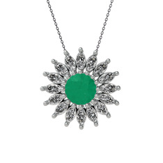 Taşlı Papatya Kolye - Kök zümrüt ve beyaz zirkon 18 ayar beyaz altın kolye (40 cm gümüş rolo zincir) #8zhz8b
