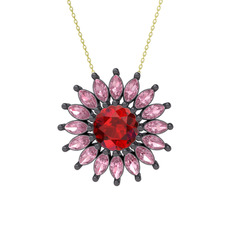 Taşlı Papatya Kolye - Garnet ve pembe kuvars 925 ayar siyah rodyum kaplama gümüş kolye (40 cm altın rolo zincir) #98tipx