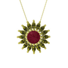 Taşlı Papatya Kolye - Kök yakut ve peridot 14 ayar altın kolye (40 cm gümüş rolo zincir) #99yihb