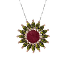 Taşlı Papatya Kolye - Kök yakut ve peridot 14 ayar rose altın kolye (40 cm beyaz altın rolo zincir) #9eaonh