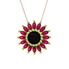 Taşlı Papatya Kolye - Siyah zirkon ve rodolit garnet 925 ayar altın kaplama gümüş kolye (40 cm rose altın rolo zincir) #9k18cj