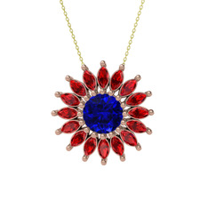 Taşlı Papatya Kolye - Lab safir ve garnet 18 ayar rose altın kolye (40 cm altın rolo zincir) #9lpgvm