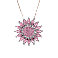 Taşlı Papatya Kolye - Pembe kuvars 14 ayar beyaz altın kolye (40 cm rose altın rolo zincir) #9o4b8x
