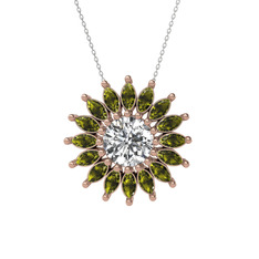 Taşlı Papatya Kolye - Beyaz zirkon ve peridot 8 ayar rose altın kolye (40 cm gümüş rolo zincir) #a253wu